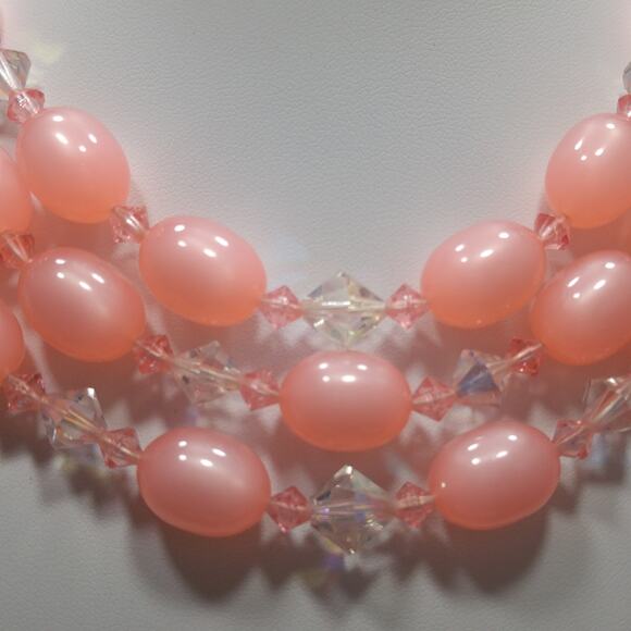 Vintage Japan Pink Beaded Necklace Earrings, Moonglow Lucite Crystal , 1950s - Picture 6 of 10